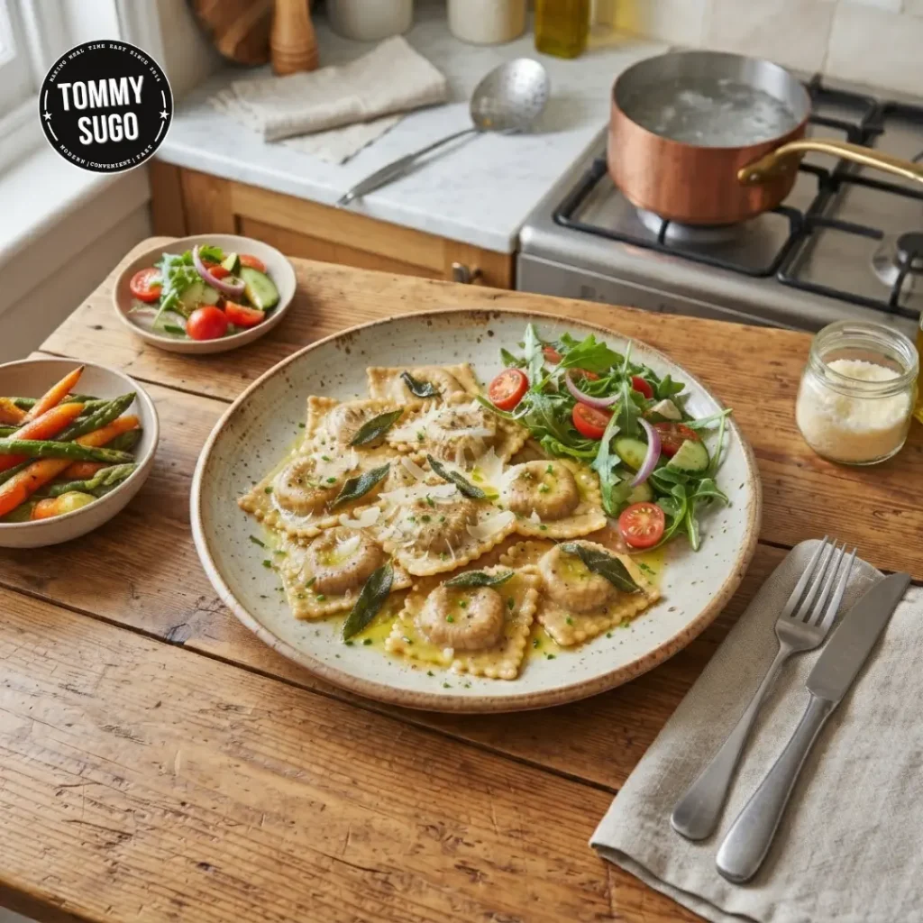Spelt raviolis served with fresh salad, herbs and vegetables, highlighting a delicious Italian meal from Tommy Sugo.