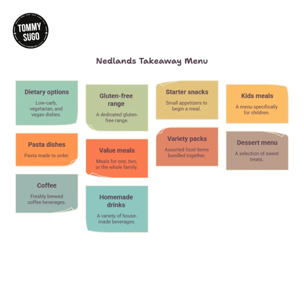 Graphic menu for Nedlands Takeaway showing colorful categories