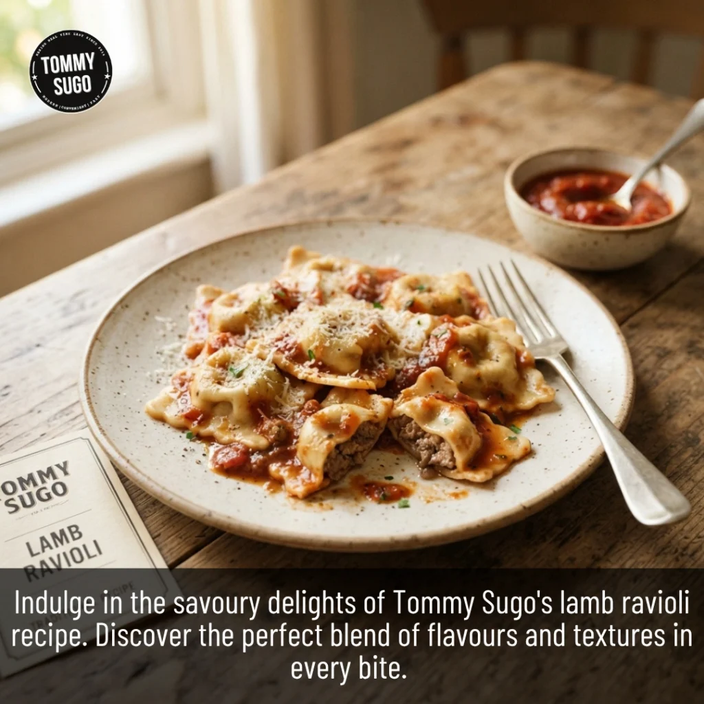 Lamb Ravioli Recipe with homemade pasta, savoury lamb filling, tomato sauce, and grated cheese
