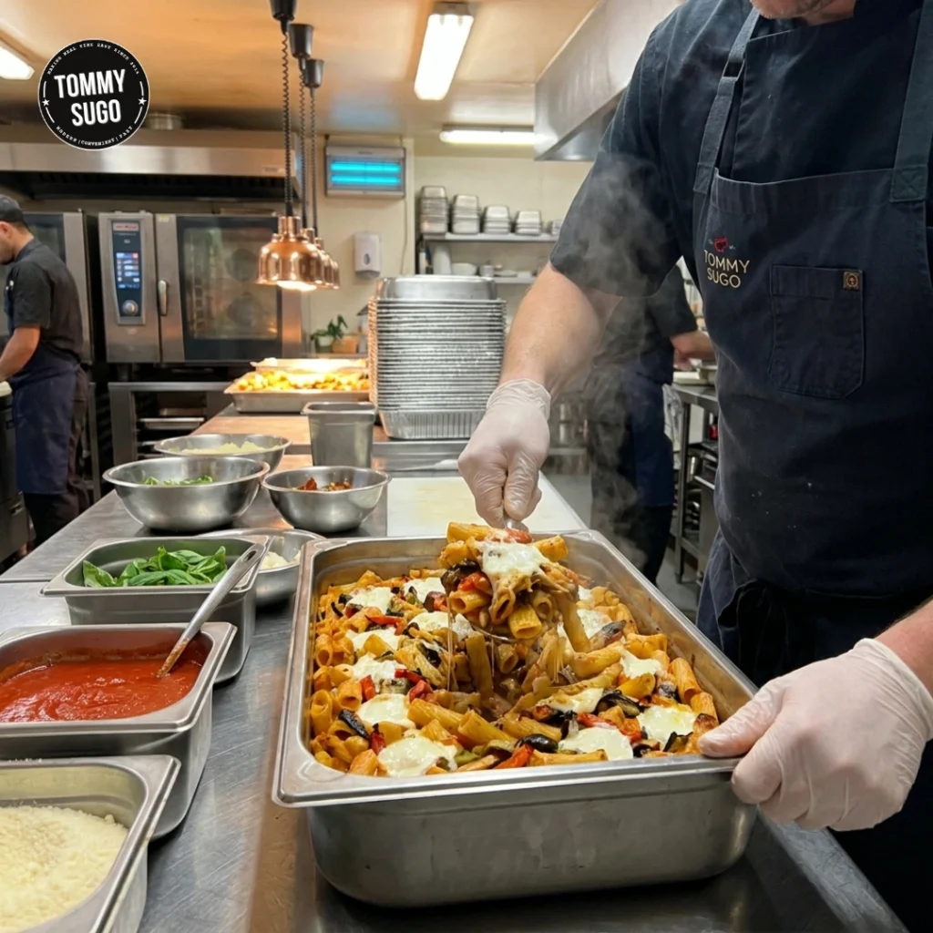kitchen serves baked pasta with melted cheese and vegetables from a steaming tray, creating a warm, busy culinary scene