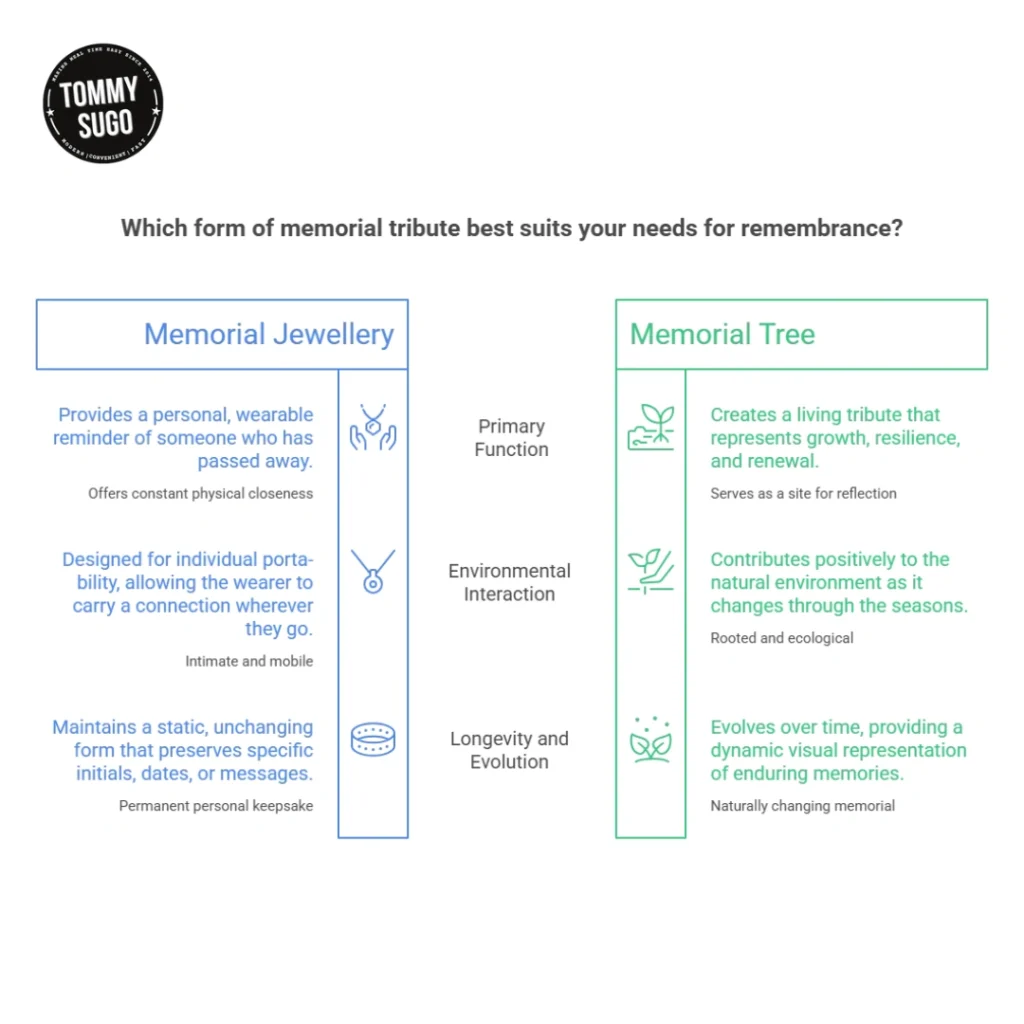 Comparison chart contrasts memorial jewellery with a memorial tree across function