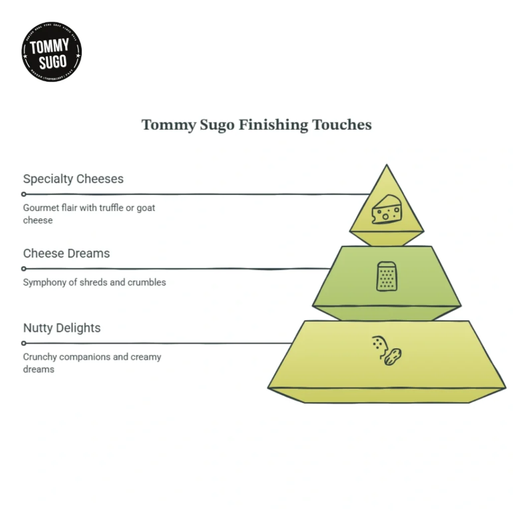 Tommy Sugo Finishing Touches graphic shows a three-tier cheese pyramid