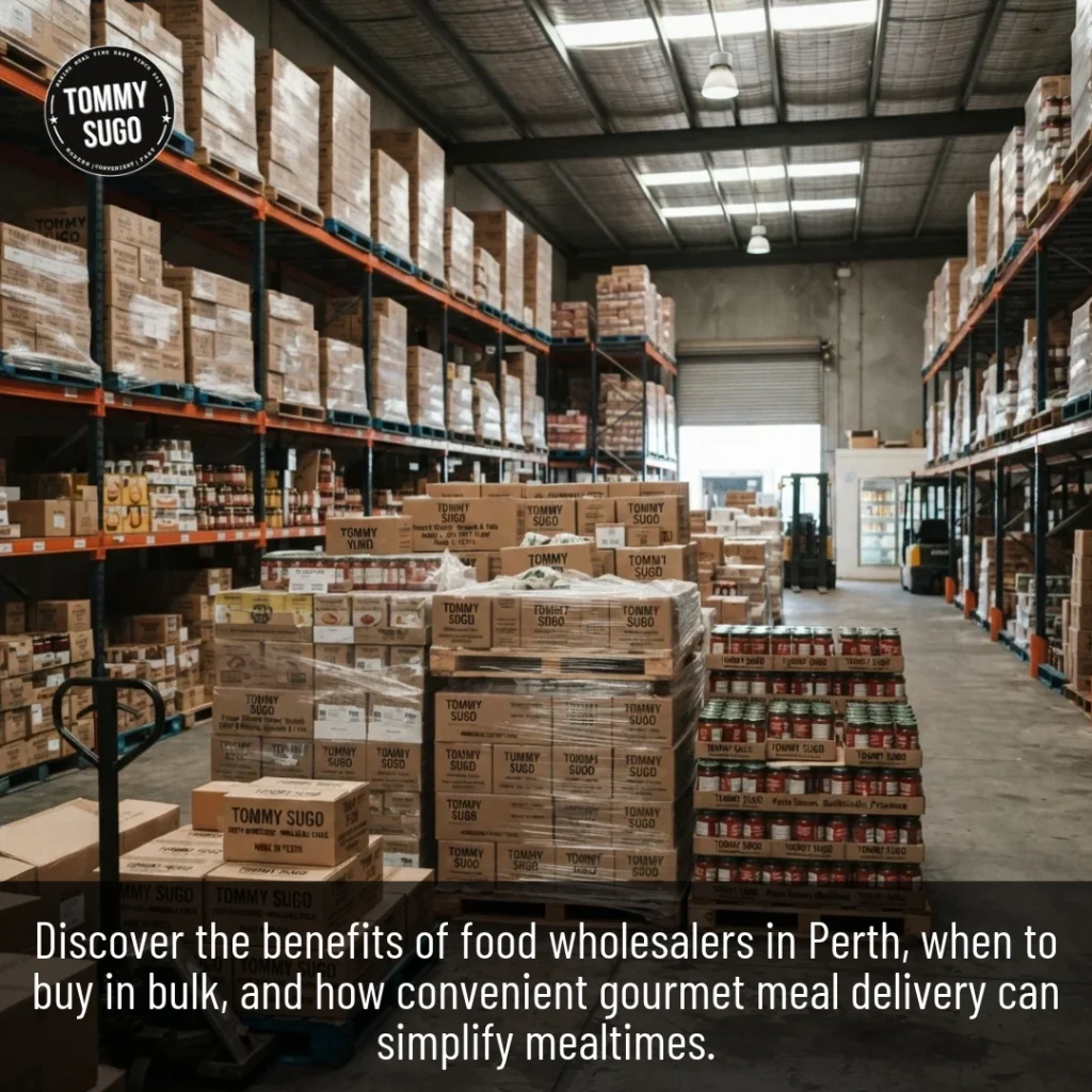 Food Wholesaler warehouse with shelves of packaged food supplies