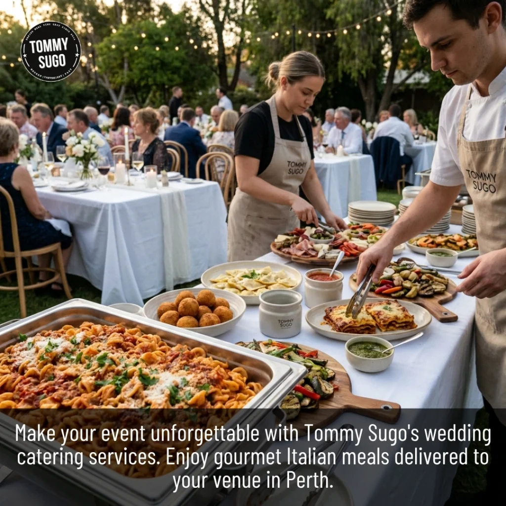 Wedding Catering Services offering fresh pasta, arancini, lasagna, and Italian dishes for guests