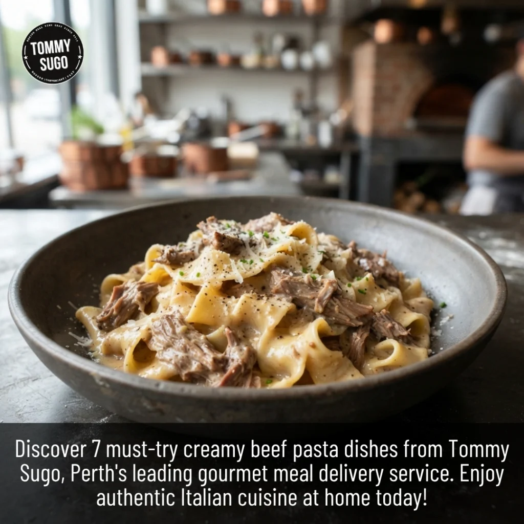 Gourmet Creamy Beef Pasta dish with rich sauce and shredded beef