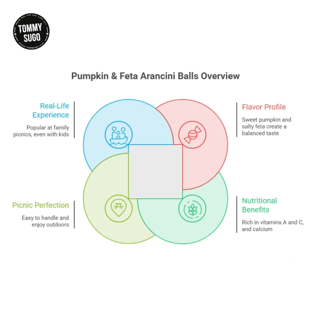 Infographic titled Pumpkin & Feta Arancini Balls Overview