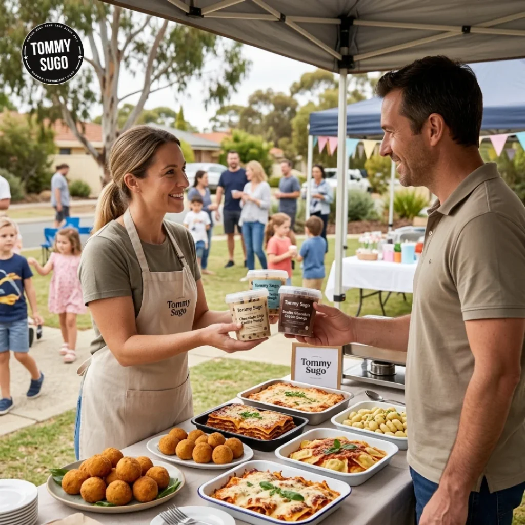 Outdoor Tommy Sugo food stall where smiling vendors exchange sauce jars, with trays of Italian dishes and families enjoying a sunny event