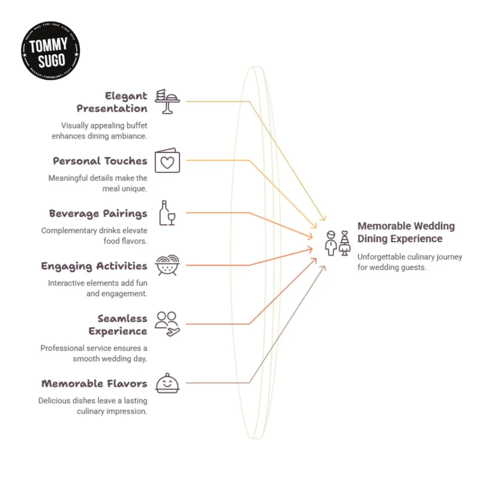 Wedding catering infographic highlights elegant presentation, personal touches, beverage pairings, activities, and memorable flavors for joyful dining