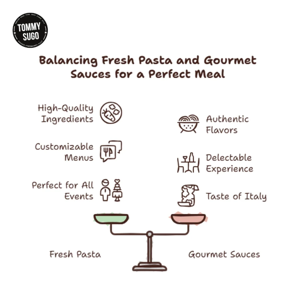 infographic shows a balance scale holding fresh pasta and gourmet sauces
