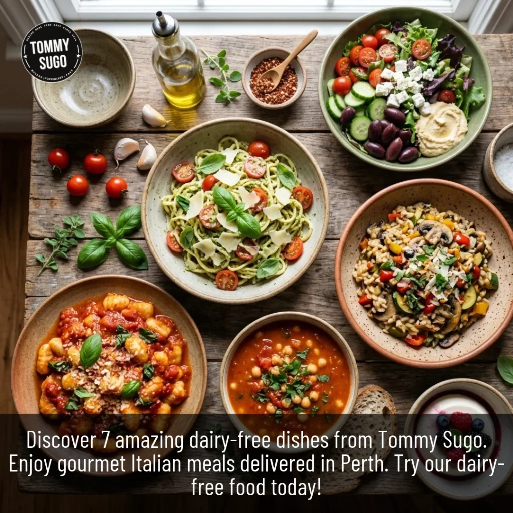 Gourmet Dairy-Free Food with pasta, vegetables, herbs and fresh ingredients