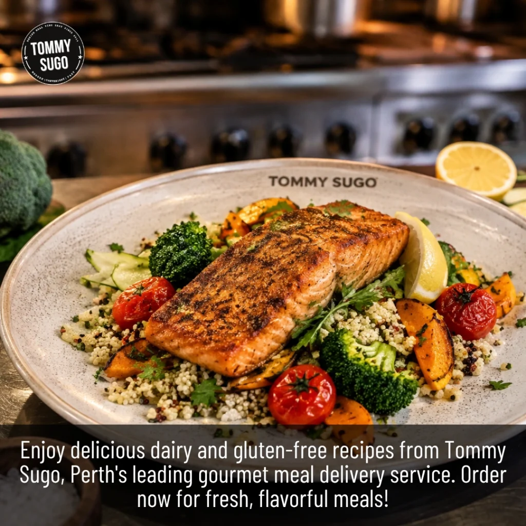 Dairy and Gluten-Free dinner featuring seasoned salmon, roasted vegetables, quinoa, and lemon