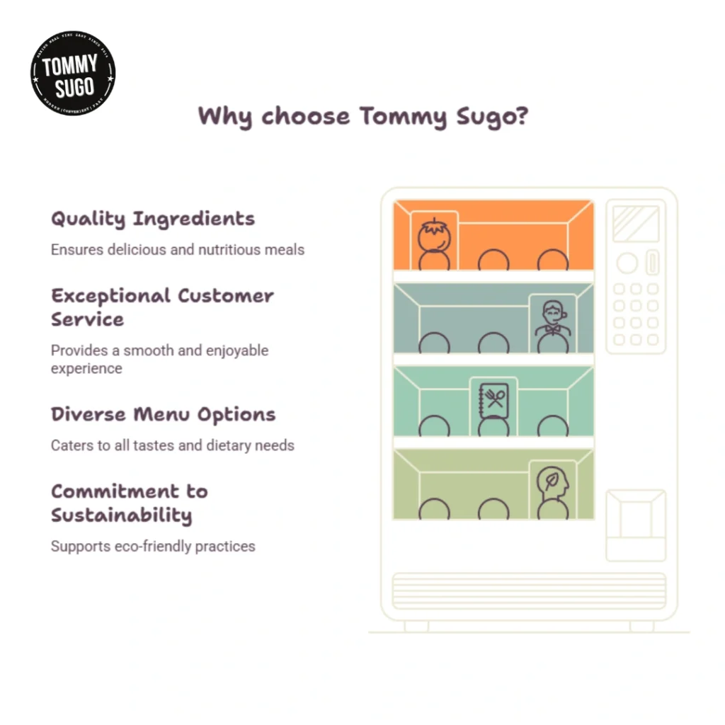 Tommy Sugo infographic lists quality ingredients, caring service, diverse menus