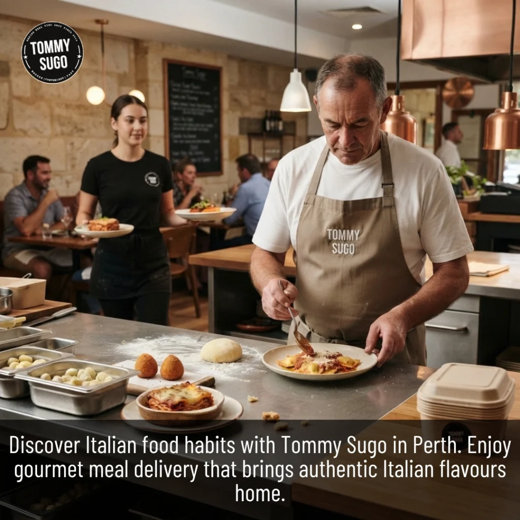 Italian Food Habits shown through traditional dishes prepared fresh in a welcoming Italian restaurant kitchen