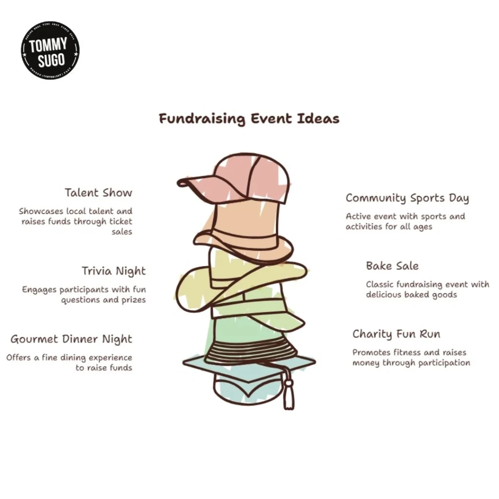 Poster displaying the text Fundraising Event Ideas in bold, colorful letters against a vibrant background