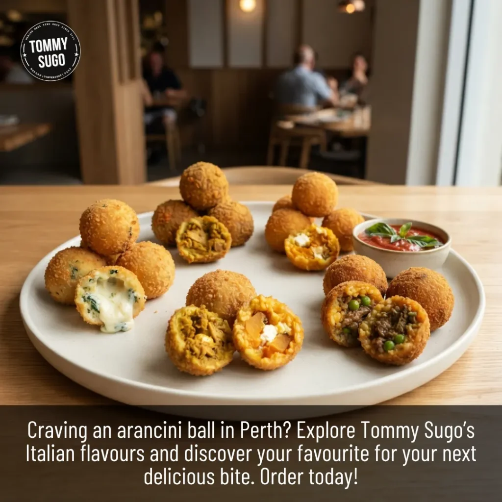 Golden Arancini Ball appetisers served with tomato dipping sauce