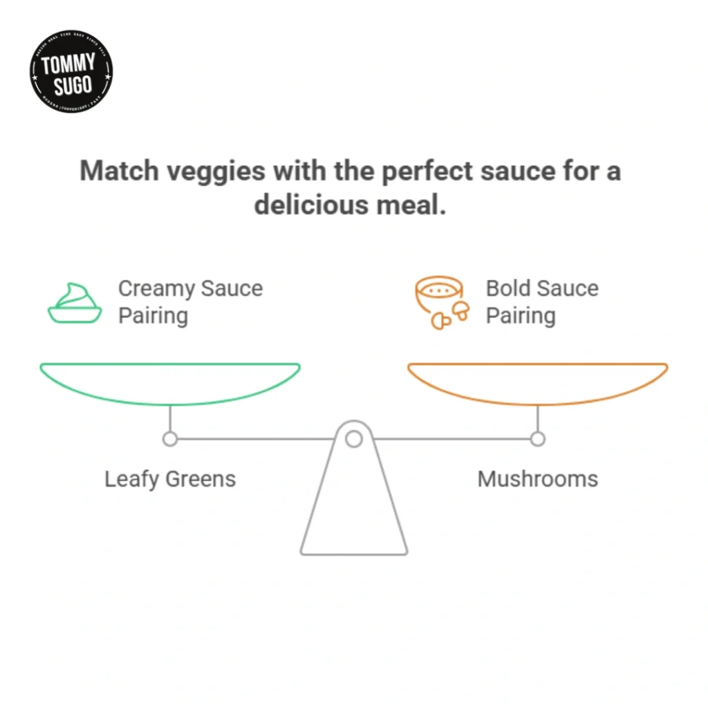 Infographic pairs leafy greens with creamy sauce and mushrooms with bold sauce on a balanced scale