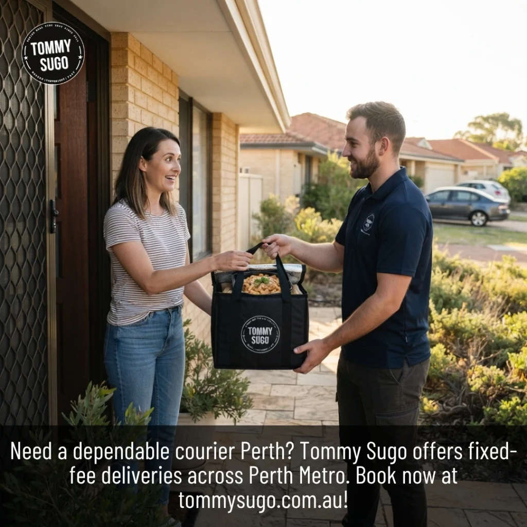 Courier Perth delivery showing a Tommy Sugo team member handing a meal box to a happy local customer