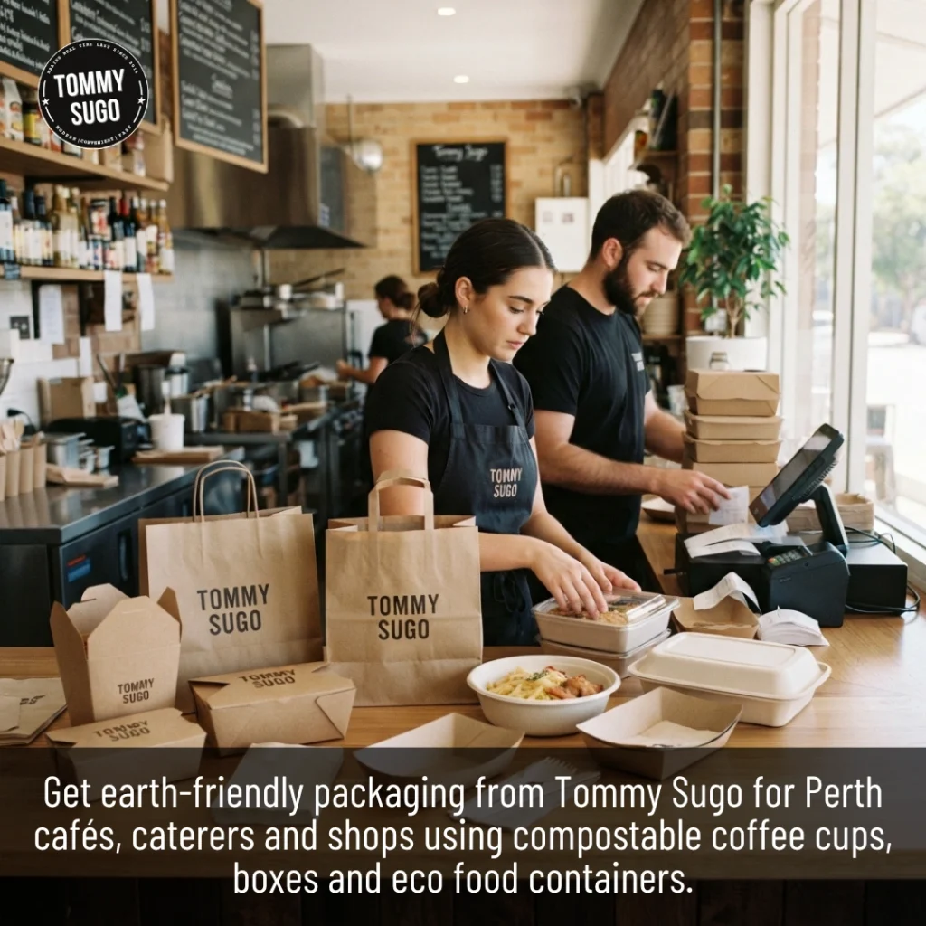 Earth-friendly packaging featuring compostable boxes, cups, and takeaway containers for cafes