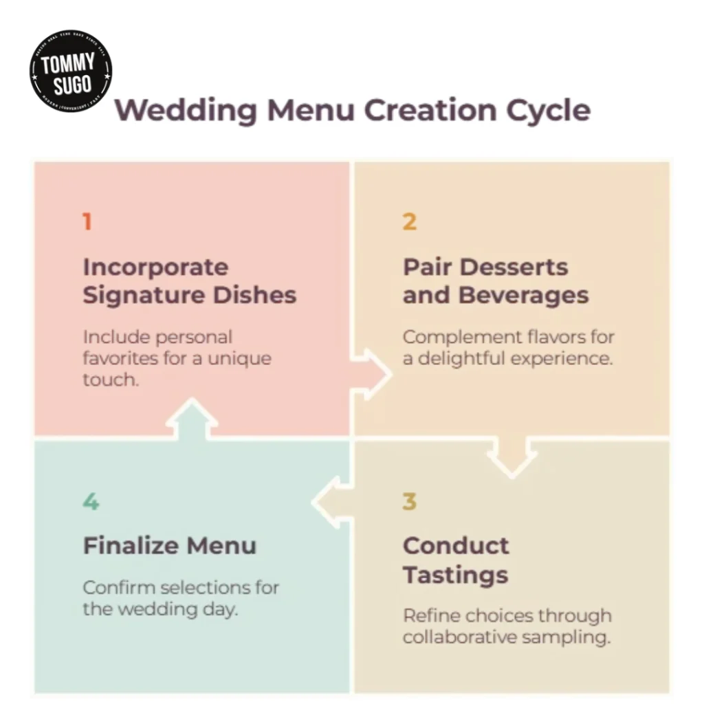 Wedding menu creation cycle infographic in four colored panels