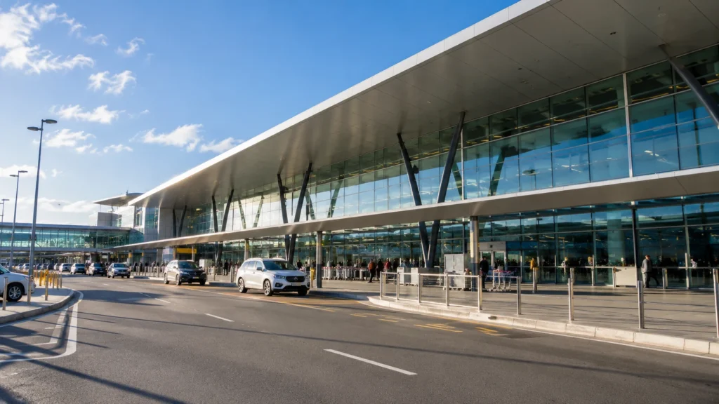 Modern airport terminal exterior with glass façade and passenger drop-off area